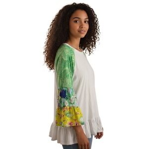 Pioneer Woman Mixed Print Bell‎ Sleeve Ruffled Hem Tunic Top Casual Boho
